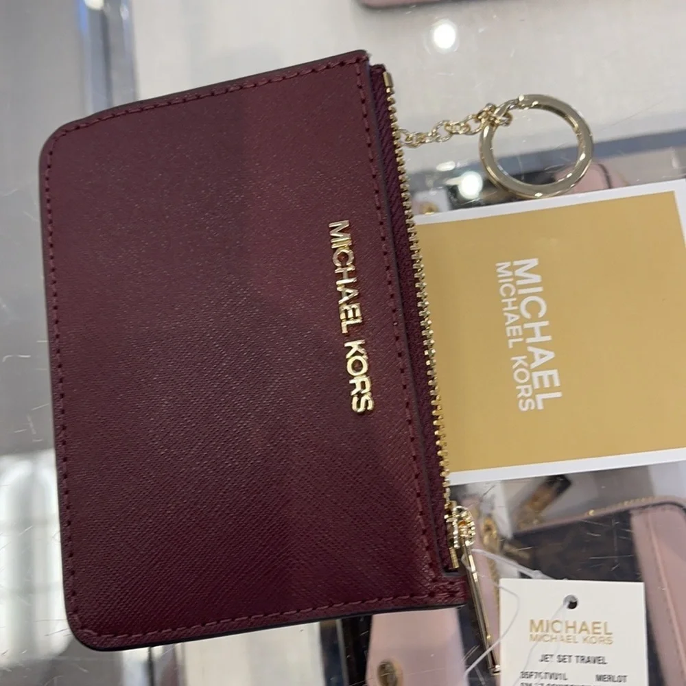 Michael Kors Jet Set Travel Small Leather Top Zip Coin Pouch With ID